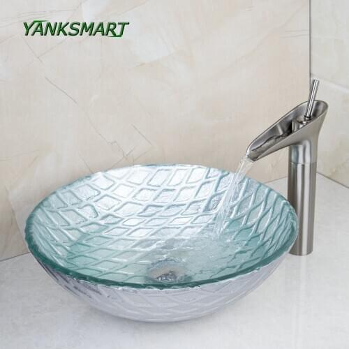YANKSMART Bathroom Hand Painting Washbasin Tempered Glass Basin + Nickel Brushed Waterfall Faucet Set Cold & Hot Water Mixer Tap