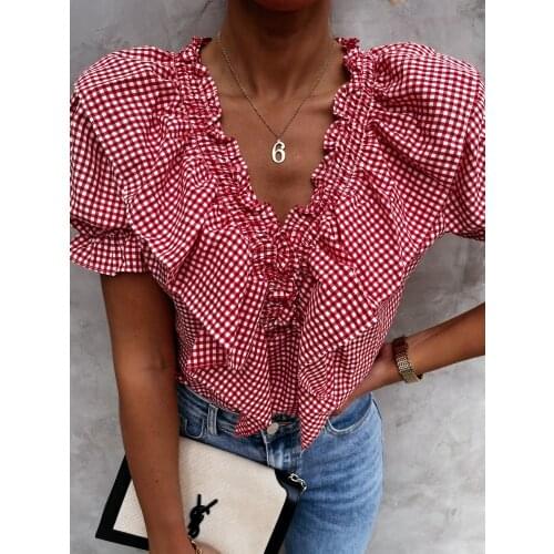 2021 Fashion Plaid Women Blouses Summer Ruffles Short Sleeve Casual Shirts For Women Streetwear