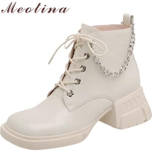 Meotina Women Genuine Leather Ankle Boots Thick High Heel Motorcycle Boots Square Toe Chain Lace Up Ladies Boots Autumn Winter