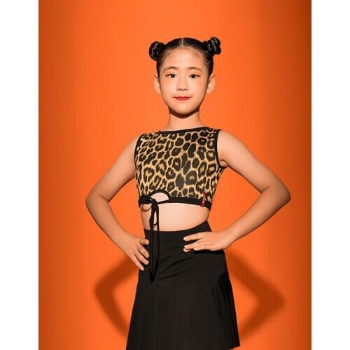 New Latin Dance Clothes For Girls Leopard/Black Sleeveless Practice Tops Rumba Tango Samba Salsa Cha Cha Training Blouse VO1217