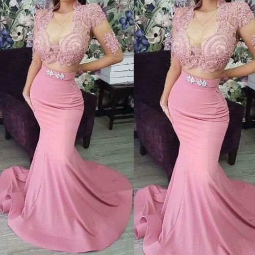 Two pieces prom dresses 2020 long sleeve pearls beading lace appliques satin pink evening dresses formal dresses