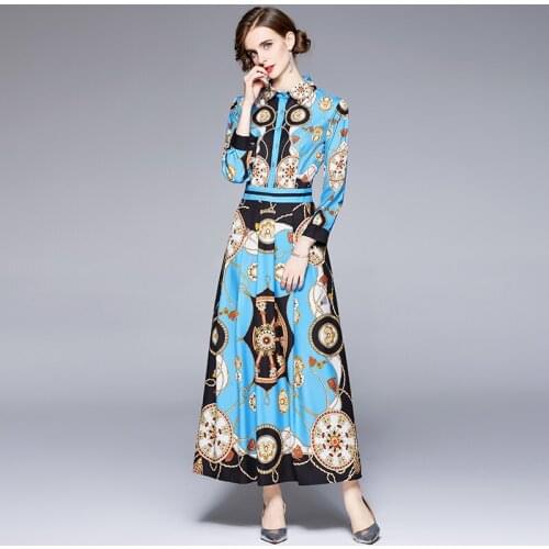 Fashion Design Runway Dress 2021 Autumn Womens Long Sleeve Chain Floral Print Casual Elegant Blue Long Maxi Dress k6653