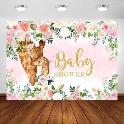 Giraffe Baby Shower Backdrop Pink Floral Jungle Giraffe Girl Baby Shower Party Decorations Photography Background Supplies