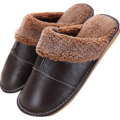 Genuine Leather Couples Winter Indoor Slippers 2019 new fashion cotton slippers winter non-slip Imitation lamb wool