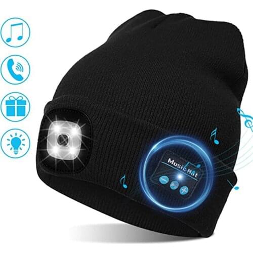 Winter Hat Wireless Bluetooth-compatible 5.0 Smart Cap Headset With 4 LED Light Handfree Music Headphone Warm cable Knitted