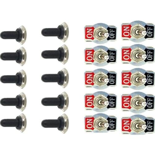 10 Pack Heavy Duty Rocker Toggle Switch 6A 250VAC / 10A 125VAC SPST 2 Pin ON/OFF Switch Metal Bat Waterproof Boot Cap Cover