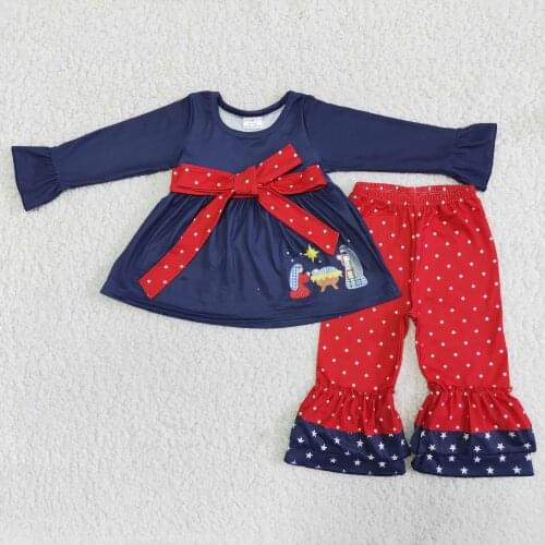Clothing sets Christmas boutique outfits girls red dress top with lace print legging trousers baby clothes
