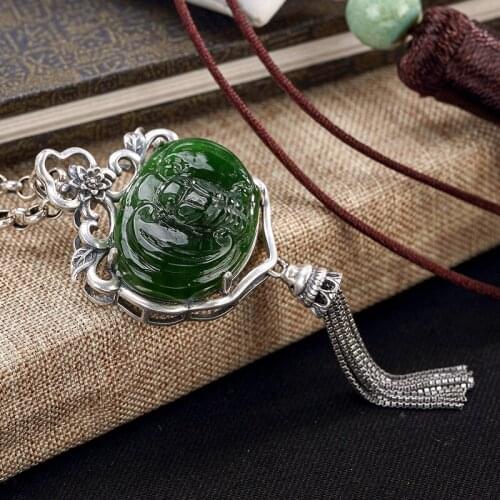 2018 Top Fashion Jasper New S925 Pure Inlay Hetian In Front Of Bats Tassel Female Wholesale Sweater Chain Pendant