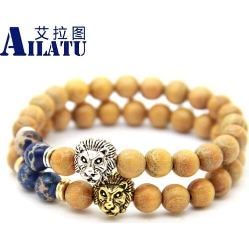 Ailatu High Quality 8mm Natural Yellow Wood Beads & Blue Sea Sediment Imperial Stone Lion Head Bracelet