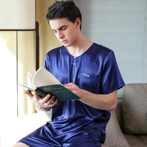 Big Size L-3XL Men 2PCS Pajamas Suit Summer New Pyjama Loose O-Neck Nightwear Short Sleeve Home Wear Casual Ice Silk Sleepwear