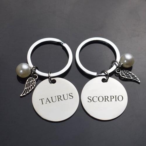 12 Zodiac Keychain Stainless Steel Engraved Constellations Keyring Fashion Zodiac Letters Charms Key Chain Jewelry Birthday Gift