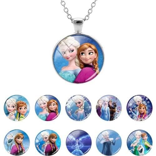Disney Frozen Princess Elsa Anna Snow Friends 25mm Glass Dome Pendant Long Chain Necklace Cabochon Jewelry Gifts for Kids RT136