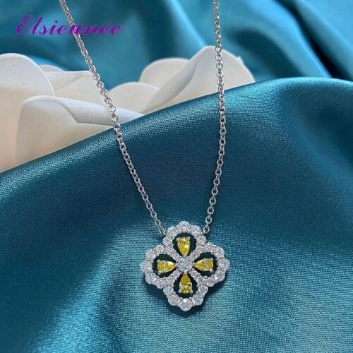 ELSIEUNEE Solid Silver 925 Jewelry Necklaces Simulated Moissanite Citrine Gemstone Pendant Necklaces for Women Fine Jewelry Gift