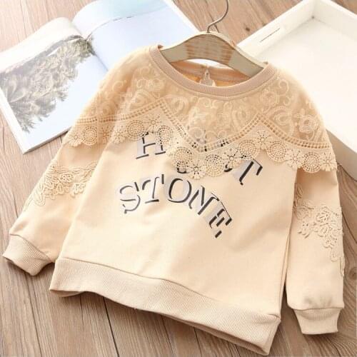 Childrens Clothing Spring New Girls Sweatshirts Korean Letter Print Cotton Hoodies for Kids Lace Splicing Baby Girls Pullovers