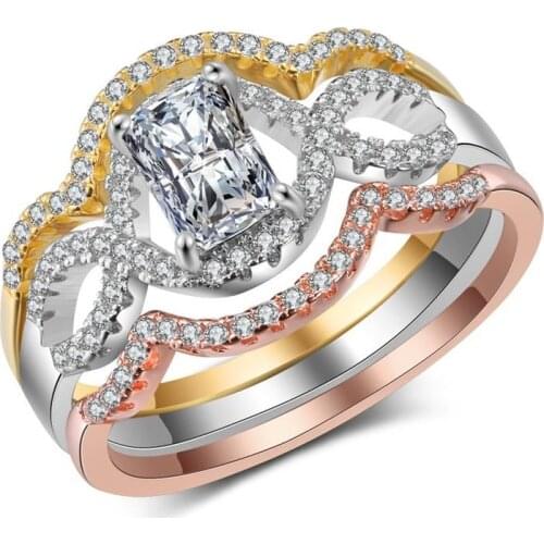 FDLK 3-in-1 Luxury Princess Cut Natural Crystal Ring AAA Cubic Zirconia Women Wedding Engagement Band Ring Set Wholesale