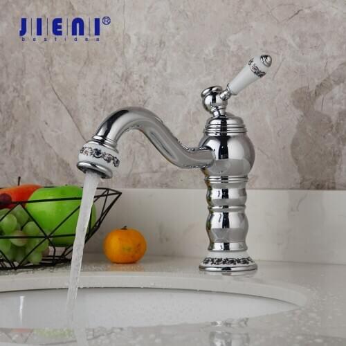 JIENI Chrome Polished Wash Basin Faucet Bathroom Deck Mounted Basin Sink Tap Mixer Soild Brass Teapot Spout Basin Faucet