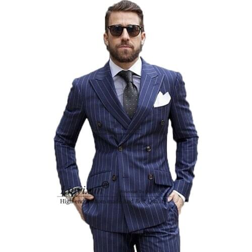 Royal Blue Dark Figure Double Breasted Men Suits Slim Fit Tuxedo Wedding Groom Terno Masculino Blazer Two Peieces（Jacket+Pant