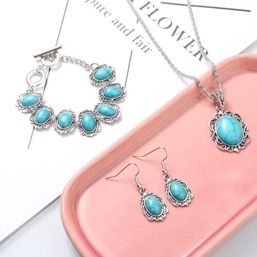 Fashion Antique Oval Jewelry Set Bracelet Earring Pendant Dangle Necklace Vintage Silver Color Link Chain For Women Banquet Gift