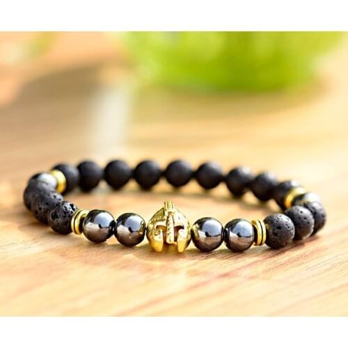 DOUVEI Fashion Men Black Lava Stone&Hematite Classic Gold Spartan Helmet Bracelet Mens Jewellery Homme Pulseras AB375
