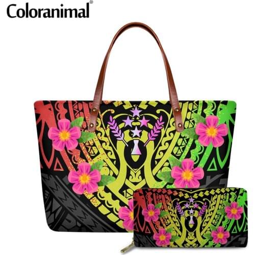 Coloranimal 2021 New Women 2Pcs/Set Handbag &Wallet Gradient Polynesian Tropical Plumeria and Hibiscus Printed Shoulder Bolsa