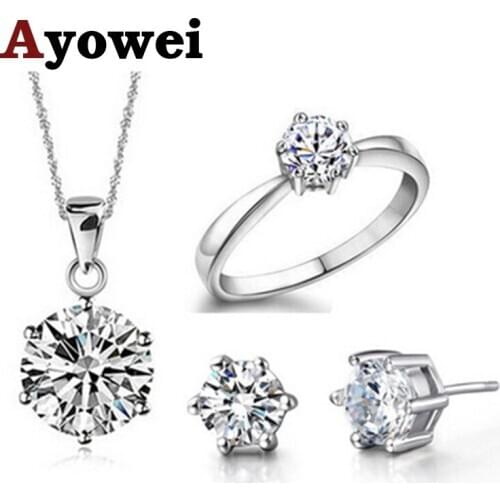 Simple six claw zircon set earrings necklace ring three piece set small fresh jewelry set copper set