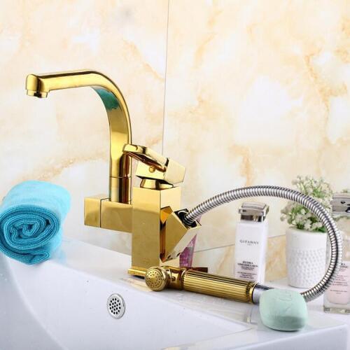 Stretched gold plated kitchen faucet pull down, Rotated bathroom sink basin faucet hot and cold, Copper dish basin faucet mixer