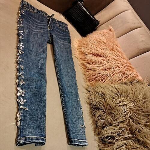 Plus size 26-32!Luxury heavy industry beaded rhinestone jeans women pearl diamond ankle length spring autumn skinny pencil jeans