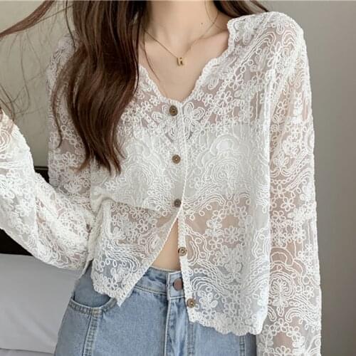 French Style Lace Floral Long Sleeve Shirts for Women Elegant V-neck Blouses Female Korean Sweet Kawaii Woman Top 2021 Summer