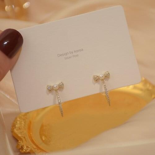 New 14K Gold Slightly Inlaid Zirconia Pearl Bow Temperament Ladies Banquet Party Accessories Earrings Birthday Gift