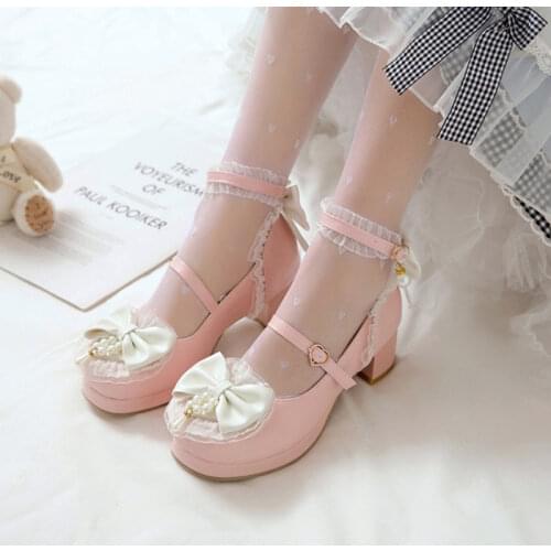Ochanmeb Lovely Princess Girls Lolita Shoes Women Ladies Students Teenager Big Bow Mary Jane Shoes Block Heels Platform Pumps 43