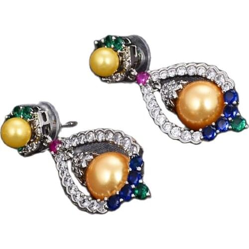 JK Golden Round Shell Pearl Cz Pave Insect White Gold Plated Crystal Dangle Stud Earrings