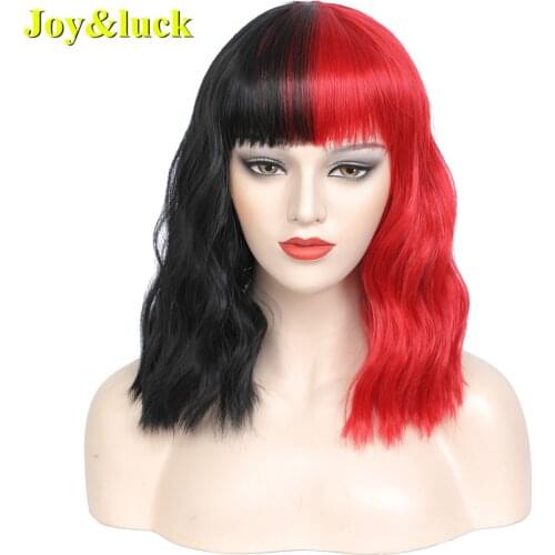 Joy&luck Water Wave Synthetic Wigs Half Black and Red Hair Wigs with Bangs High Temperature Fiber