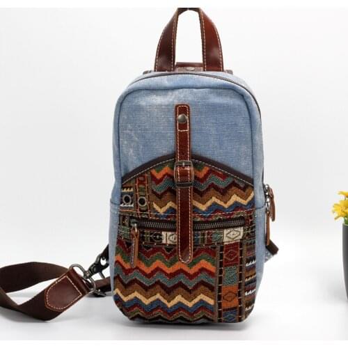 WOONAM Men Chest Bag Genuine Cowhide Leather Trimmed Trial Bohemian Print Denim Canvas Chest Bag MB325