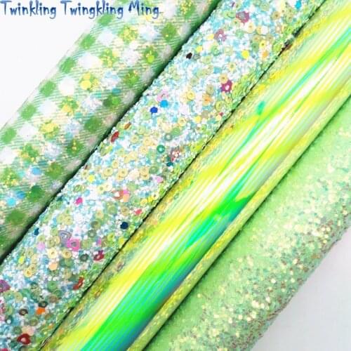 Green Glitter Leather, Iridescent Glitter with Plaids, Smooth Patent Stripes Faux leather Fabric 21x29CM Twinkling Ming KM495