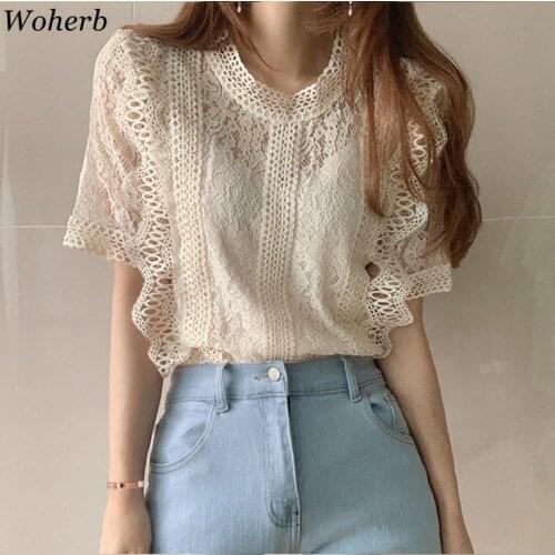 Woherb O Neck Short Sleeve Shirts Hollow Out Korean Fashion Blouse 2021 Summer Elegant Lace Tops Women Blusas Mujer Elegante