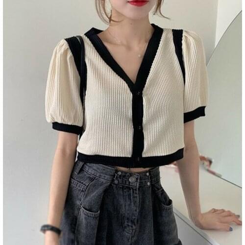 French V-neck Contrast Short Knitted Short Sleeve Womens Summer Bubble Sleeve Cardigan Top