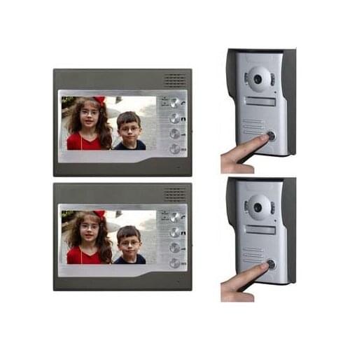 ZHUDELE Home CCTV 7 Inch Color TFT LCD Video Doorphone Door Bell Intercom IR Outdoor Camera 2cameras+2monitors