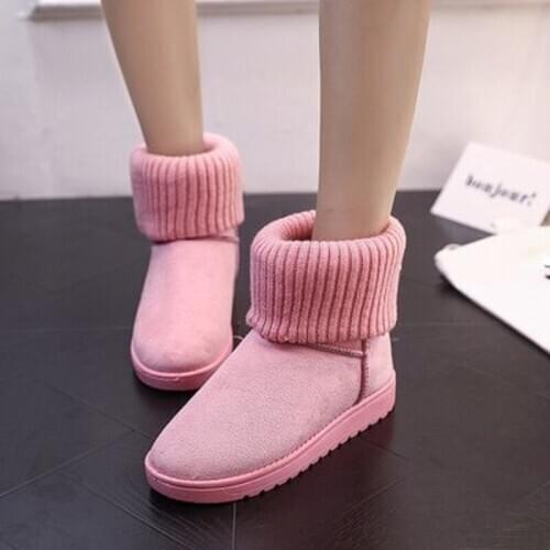 Winter new Korean version of the thick snow boots pure color plus velvet warm student flat cotton shoes womens pink ankle boots