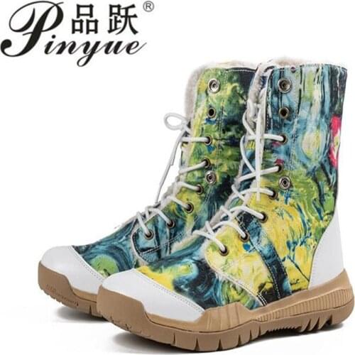 Winter permeable oil painting style high top leisure hiking boots army fan boots workwear cross country canvas boots