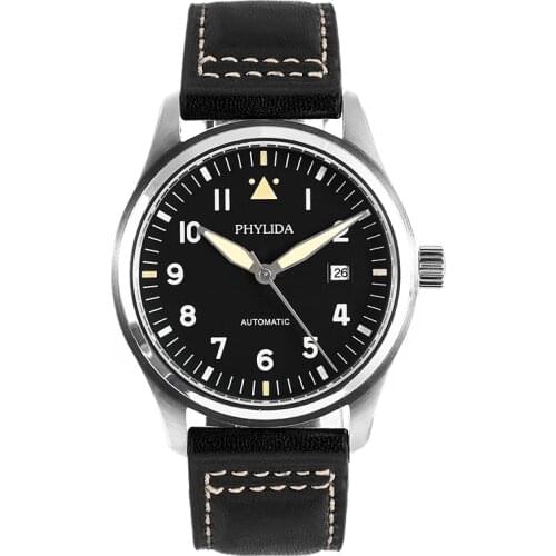 42mm Black Dial Spitfire Pilots Watch 5ATM JAPAN MIYOTA Automatic Domed Sapphire Crystal Lumed Genuine Leather Strap PHYLIDA