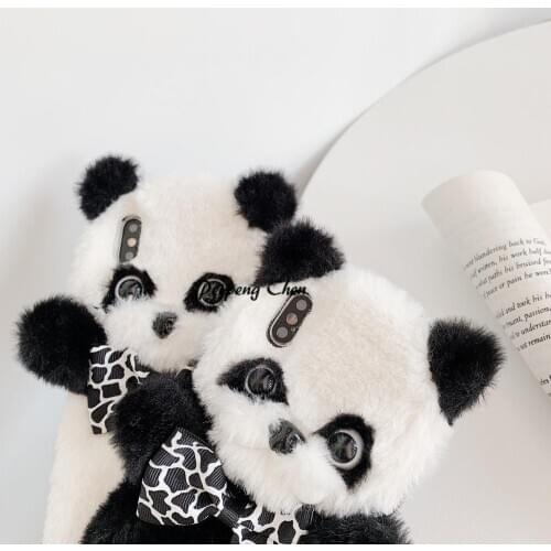 Hairy Cute Panda Animal Phone Case For iPhone 6 6S 7 8 Plus Soft Plush For iphone 11 Pro Max XS MAX XR Protection Back Cover