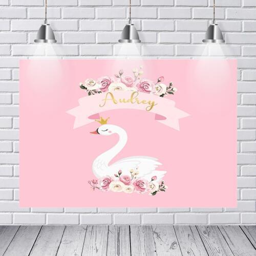 Swan Crown Princess Photography Watercolor Flowers Custom Pink Studio Background for Children Birthday Party Photo Booth Props
