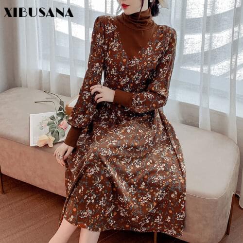 French Retro Long Sleeve Turtleneck Bottoming Dresses 2021 Spring Patchwork Women Chiffon Maxi Dress Vestido De Mujer vestido