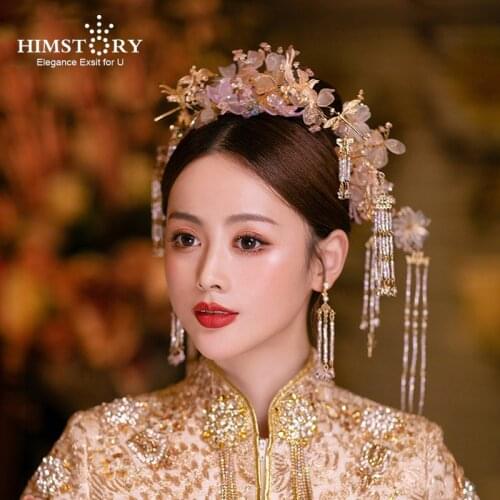 HIMSTORY Chinese Traditional Bride Hair Jewelry Light Purple Flower with Earring Wedding Accessories Headpieces