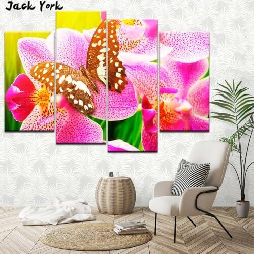 Canvas Painting Butterfly resting on the phalaenopsis 4 Pieces Wall Art Painting Modular Wallpapers Poster Print Home Decor