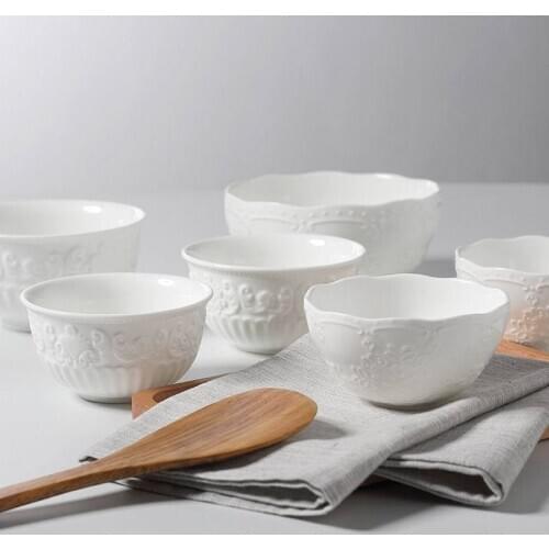 European-style Ceramic Noodle Bowl Dinnerware Bone Relief Ramen Bowls Tableware Solid Color Crockery Food Container Flatware