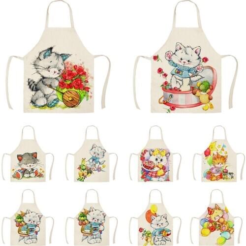 Cartoon Cat Flower Duck Kitchen Apron for Women Cotton Linen Bib Household Cleaning Pinafore Cooking Apron WQTX30