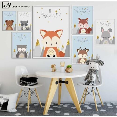 Cartoon Forest Animal Canvas Child Poster Fox Owl Bear Nursery Print Wall Art Picture Painting Nordic Kid Baby Bedroom Decor