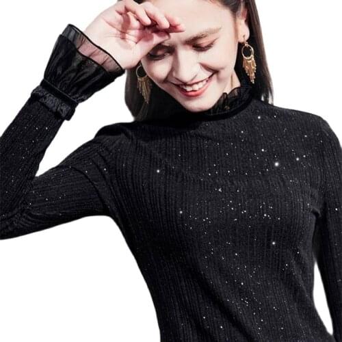 Plus Velvet/No Velvet New Autumn Winter T-Shirt Womens Half-High Collar Blouse With Wooden Ear Bottoming Shirt Ladies Tops L903