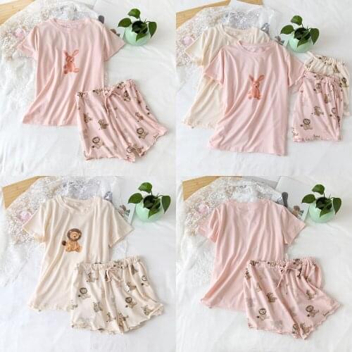 New Summer Cotton Knitted Ladies Short-sleeved Shorts Suit Fresh and Cute Casual Pajamas Suit Home Service Pajamas for Women